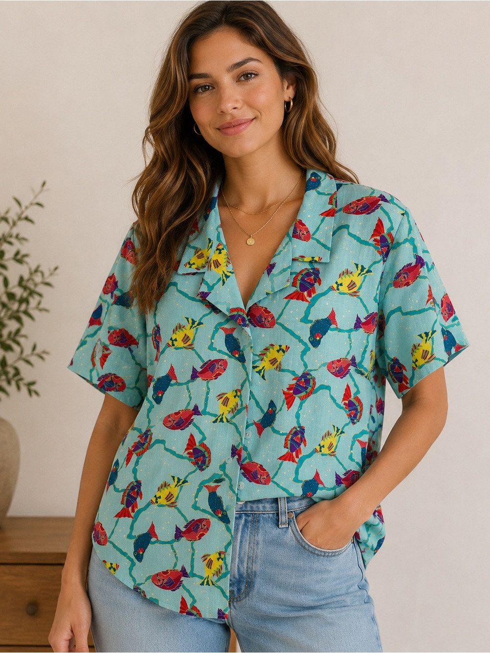 Patchington Tropical Fish Print Blouse Retro Coastal Resort Vacation Top Medium